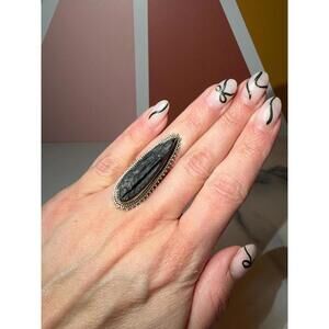 Rough Black Tourmaline Tear-Shaped Ring: 925 Sterling Silver • Size 6